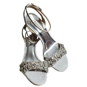 Badgley Mischka Womens Gray Open Toe Block Heels Slingback Jeweled Sandals 7 7.5